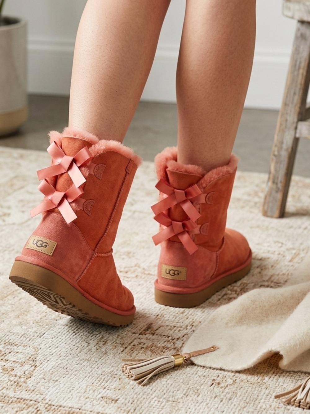 UGG Bailey Bow II Boots Coral Pink/Orange Suede